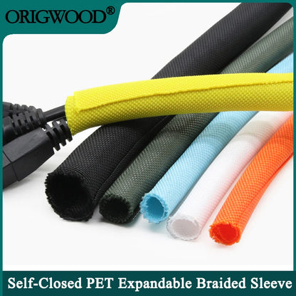 Self Closing PET Braided Cable Sleeve - 1/2/5M Expandable Insulated Wire Wrap Protector and Cable Organizer
