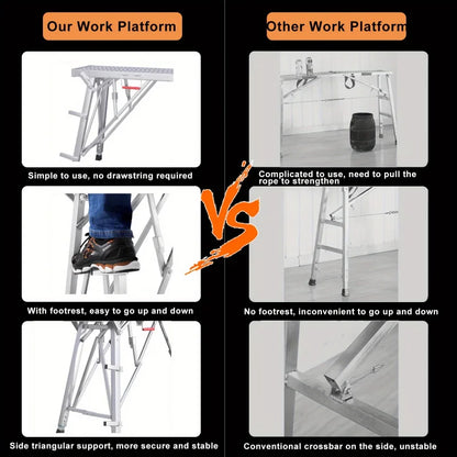 Adjustable Folding Work Platform & Scaffolding – Portable Steel Ladder and Drywall Stool with 800lb Heavy Load Capacity