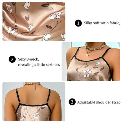 2026 Women’s Satin Sleepdress – Floral Print Spaghetti Strap Nightwear, Luxurious Comfortable Satin Nightdress