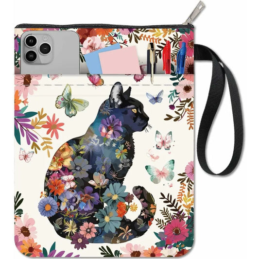 Floral Cat Book Sleeve with Zipper – Washable Book Cover Bag for Paperbacks, Notebooks & Journals