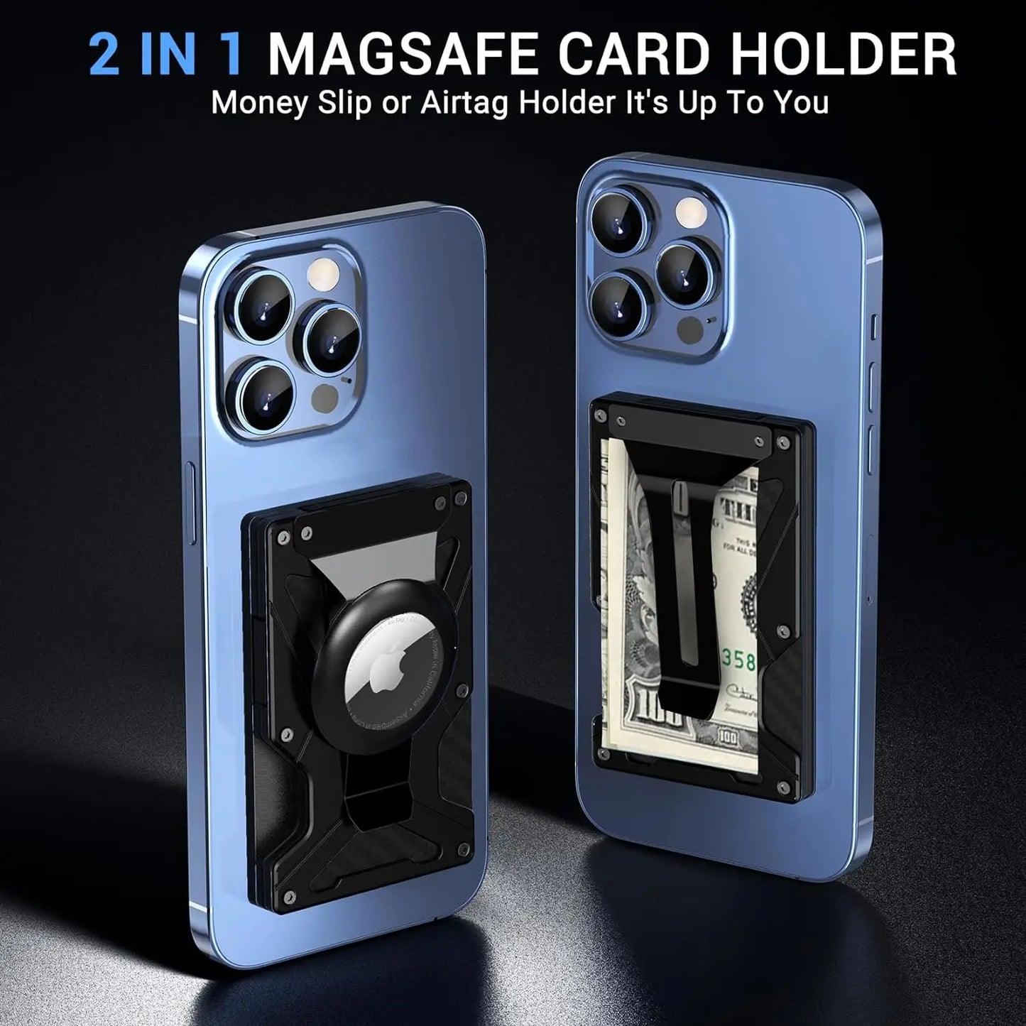 MagSafe Wallet & Money Clip with AirTag Holder + Magnetic Sheet — Fits Magnetic & Non-Magnetic Phones
