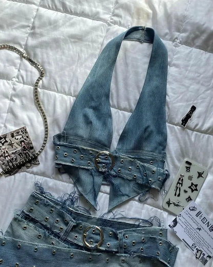 Y2K Light Gray Two-Piece Pants Set — Women’s Harajuku Goth Slim Tube Top & High-Waist Sweatpants