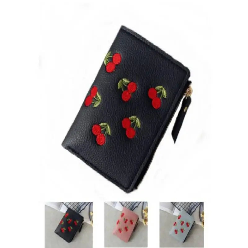 Women’s Cherry Embroidered Short Wallet – Simple Vertical Buckle Zipper Purse for Girls