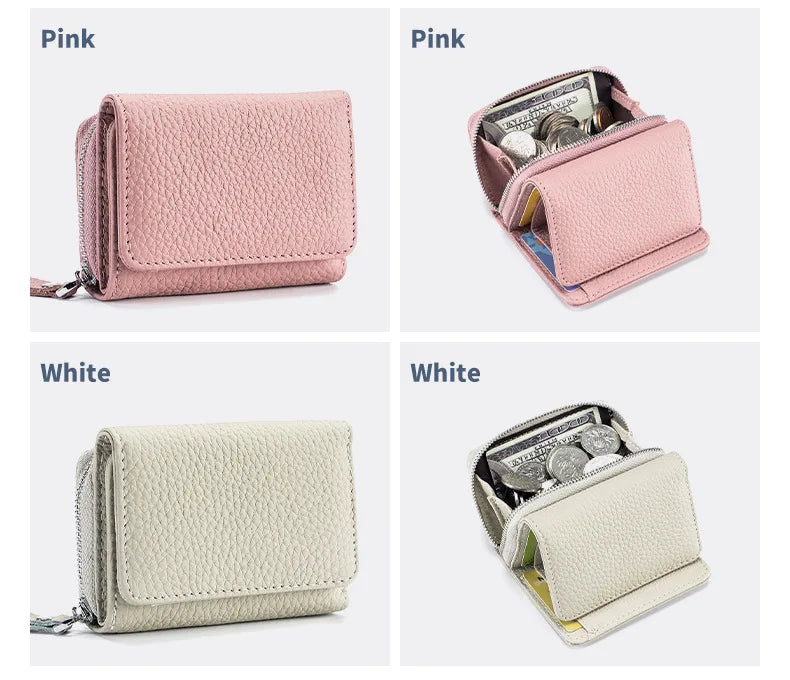 Genuine Leather Women’s Wallet — Small Zipper Coin Purse, Short Cowhide RFID Card & Money Holder, Perfect Gift for Women