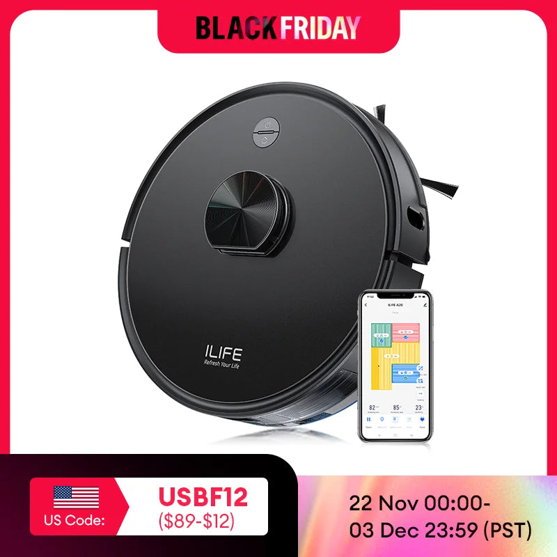 ILIFE A20 Robot Vacuum and Mop Combo – LiDAR Navigation, 3000Pa Suction, Smart Mapping, App/Alexa Control, Ideal for Pet Hair
