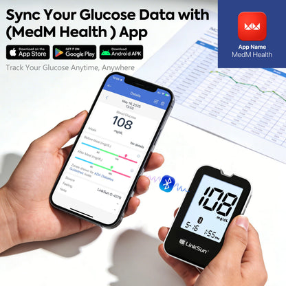 LinkSun G-427B Bluetooth Blood Glucose Meter Kit - Digital Diabetes Monitor with Large Display and 50 or 100 Test Strips