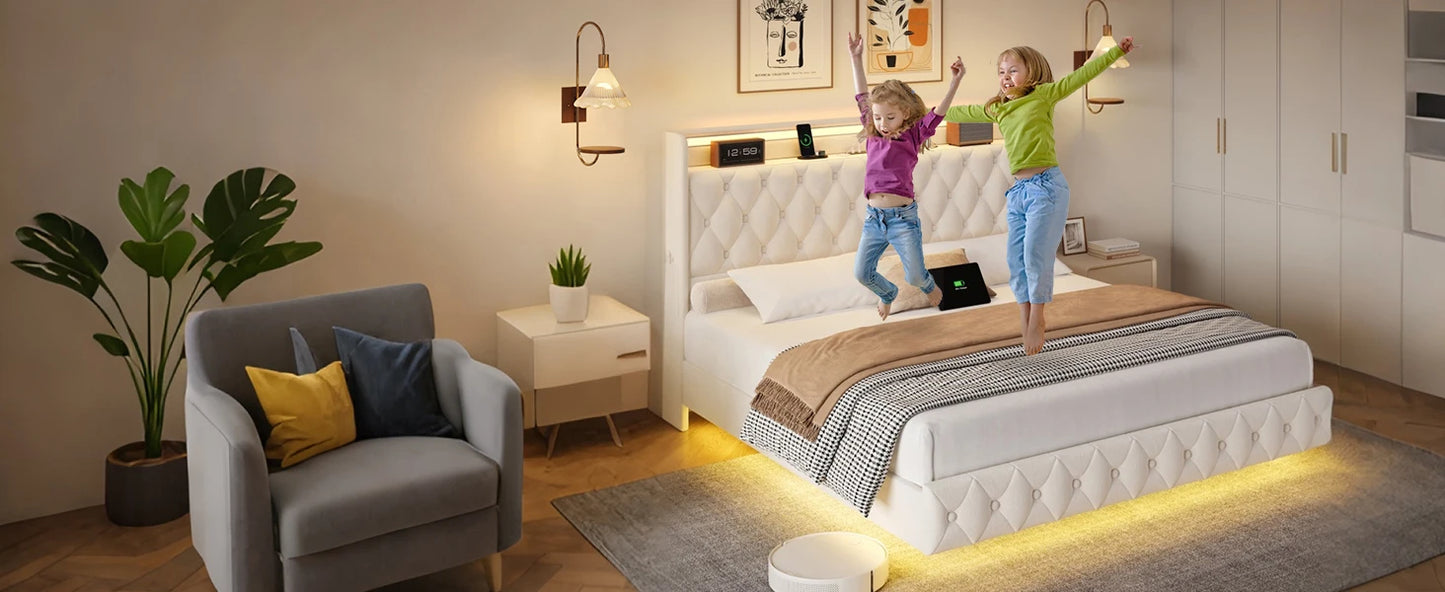 Floating Queen Size Bed Frame – Modern Upholstered Platform Bed with LED Lights, USB Charging Headboard & Velvet Fabric