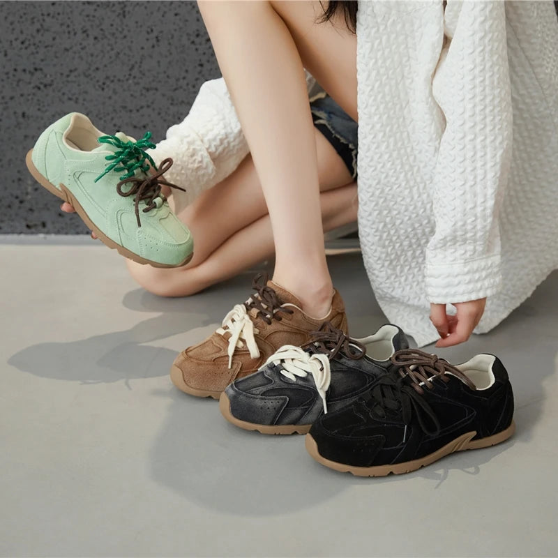 DIMANYU Women’s Genuine Leather Gump Shoes – 2025 Spring Retro Lace-Up Non-Slip Casual Sneakers