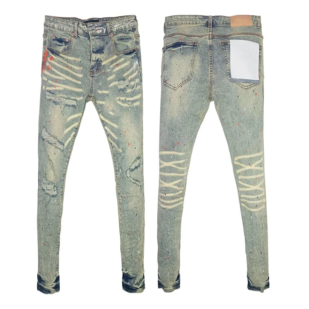 Men's Graffiti Washed Jeans - Retro Distressed Low Rise Skinny Denim Pants