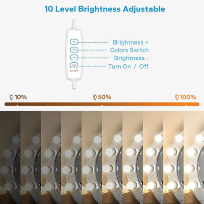 LED Vanity USB Mirror Light — 10 Dimmable Bulbs, 3000/4000/6500K with 10-Level Brightness for Makeup & Dressing Room