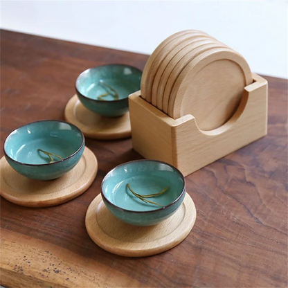 6PCS Walnut Wood Coasters Set — Round Insulated Japanese Beverage Placemats, Decorative Home Decor