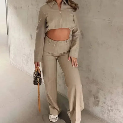 Women’s Cotton Linen Trousers Set — Casual Lapel Crop Top & Straight Pants Streetwear Spring Autumn Outfit