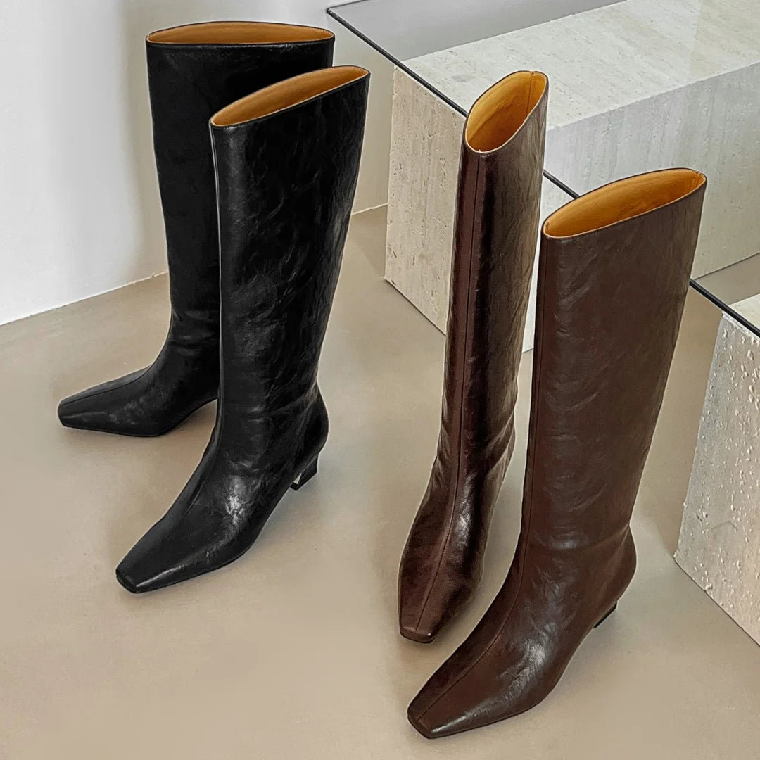 Women’s Genuine Leather Knee-High Boots – 5.5cm Thin Heel, Square Toe Slip-On Autumn Long Boots