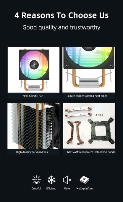 TEUCER CPU Cooler — 2-4 Heat Pipe Radiator with 3-Pin PWM Silent RGB Fan for Intel LGA 1700/1150/1155/1156/1366 & AMD AM2/AM3/AM4