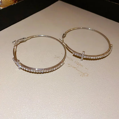 Women’s Shiny Large Circle Cross Hoop Earrings – Rhinestone Geometric High-End Fashion Jewelry