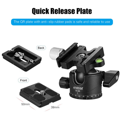Andoer H-35 Tripod Ball Head - Panorama Ballhead Mount Adapter, U-Groove Low Gravity Design, 15kg/33lbs Load Capacity