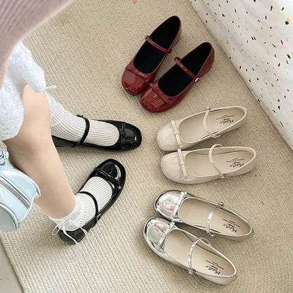 Spring Autumn Wine Red Mary Jane Shoes – Women’s Low Heel Leather Flats with Butterfly Knot & Round Toe