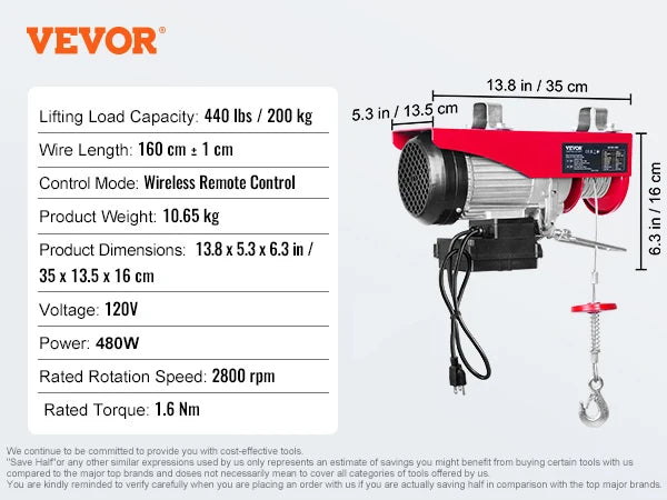 VEVOR 200–800kg Electric Hoist – Cable Winch Lifting Crane with Wired/Wireless Remote for Boat, Car, Garage & Elevator