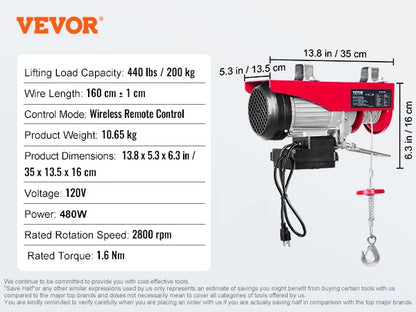 VEVOR 200–800kg Electric Hoist – Cable Winch Lifting Crane with Wired/Wireless Remote for Boat, Car, Garage & Elevator