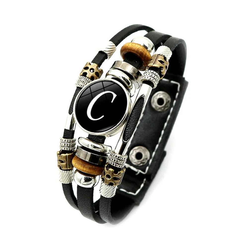A-Z English Letters Leather Bracelet - 26 Initial Cabochon Glass Snap Wristband for Men & Women, Couple Gift