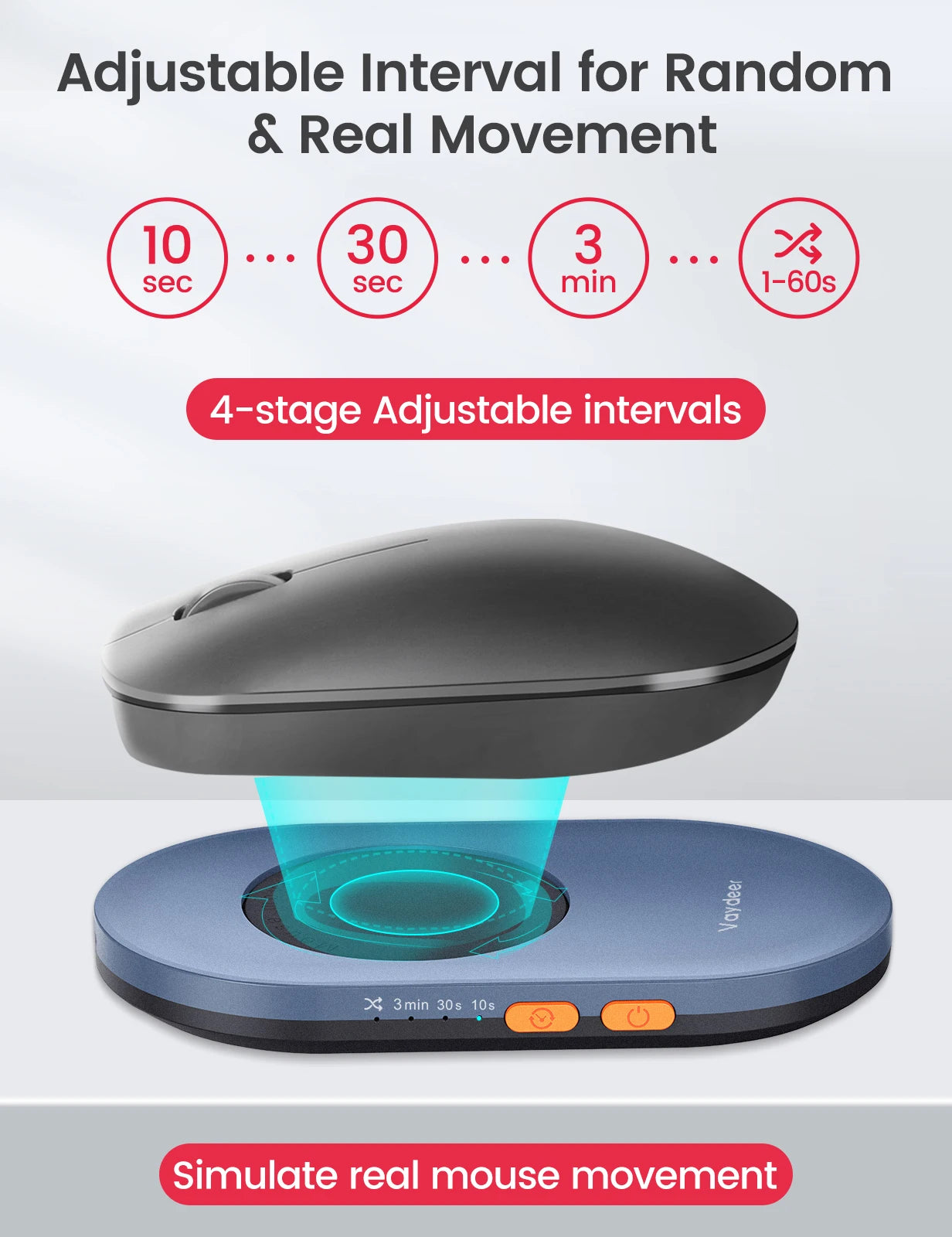 Vaydeer Undetectable Mouse Jiggler with Power Adapter and ON/Off Switch - Mouse Mover Simulator for Driver-Free Mouse Movement Simulation