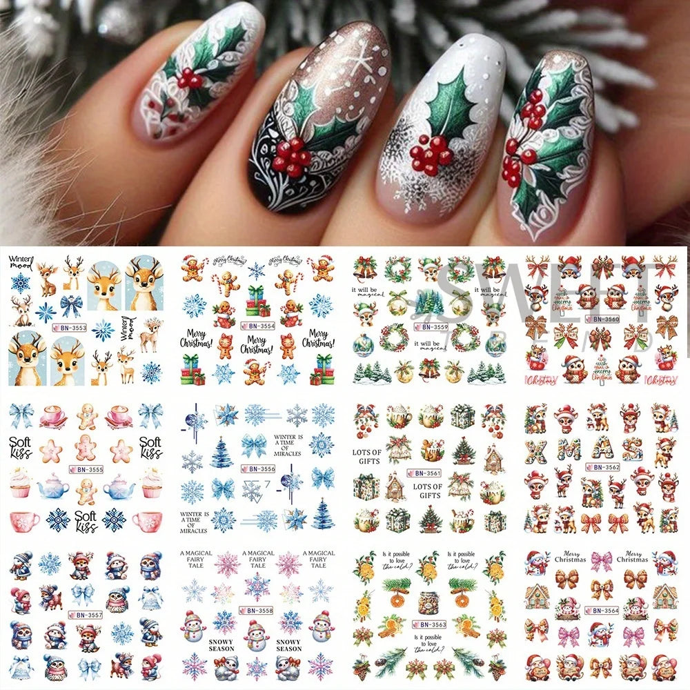12 Christmas Nail Watermark Stickers – Gingerbread, Deer, Bow, Snowflake & Santa Designs