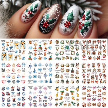 12 Christmas Nail Watermark Stickers – Gingerbread, Deer, Bow, Snowflake & Santa Designs