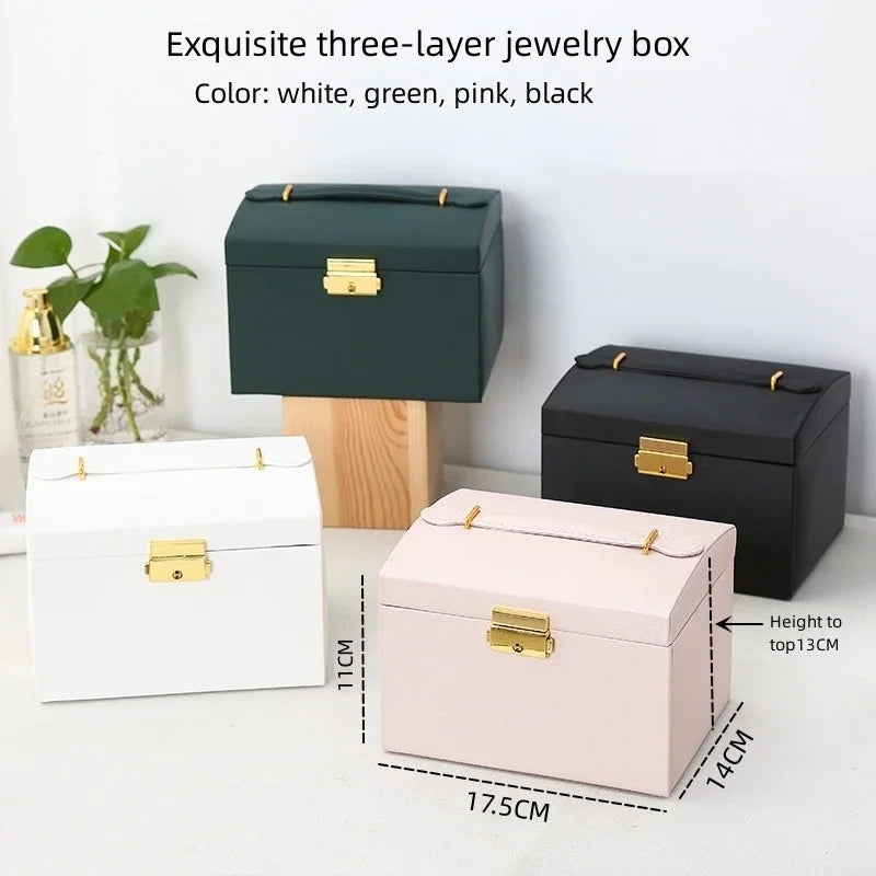 Multi-Functional Three-Layer Leather Jewelry Box – Drawer Style Organizer with Lock for Earrings