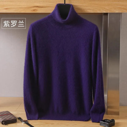 Men's Pure Mink Velvet Cashmere Sweater - High Lapel Long Sleeve Knitted Winter Luxury Pullover Top