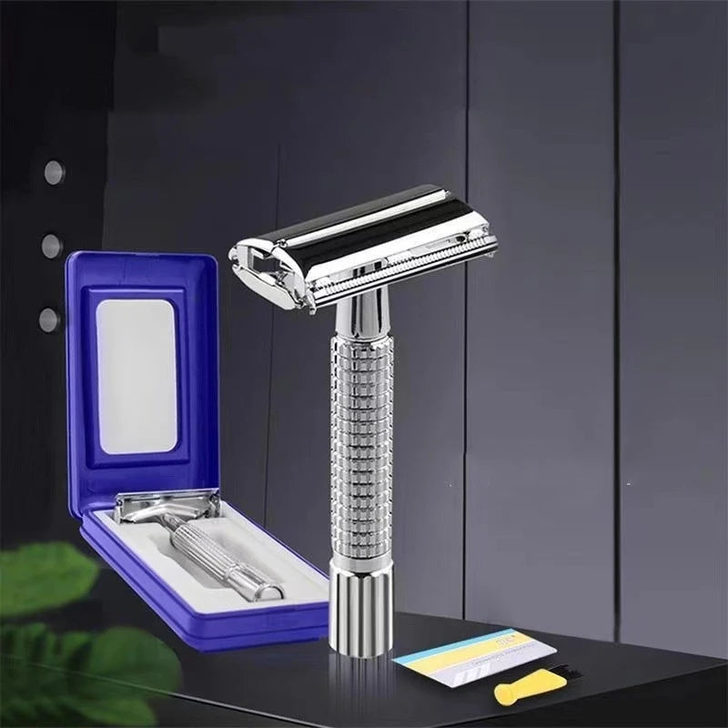 Men's Shaving Razor with Blade – Silver Folding Straight Razor, Stainless Steel Facial Hair Shaving Knife and Holder. Barber Tools