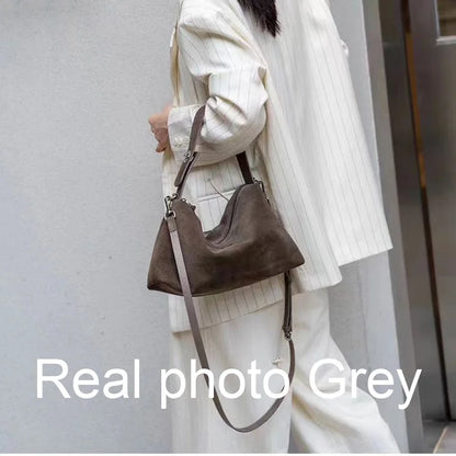 Simple Autumn Winter Grey & Brown Boston Tote — Soft Matte Suede Cow Leather Women's Shoulder Handbag