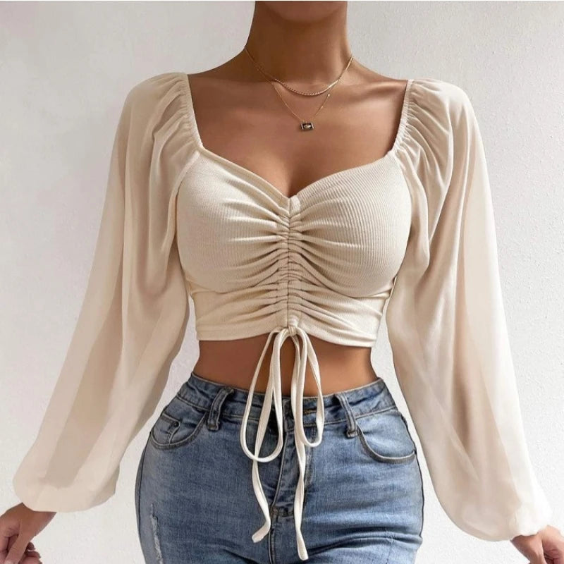 ALLUKASA Sexy Mesh Lantern Sleeves T-Shirt – Drawstring Wrap Chest & Bare Midriff, Women's Long Sleeve Bottoming Top