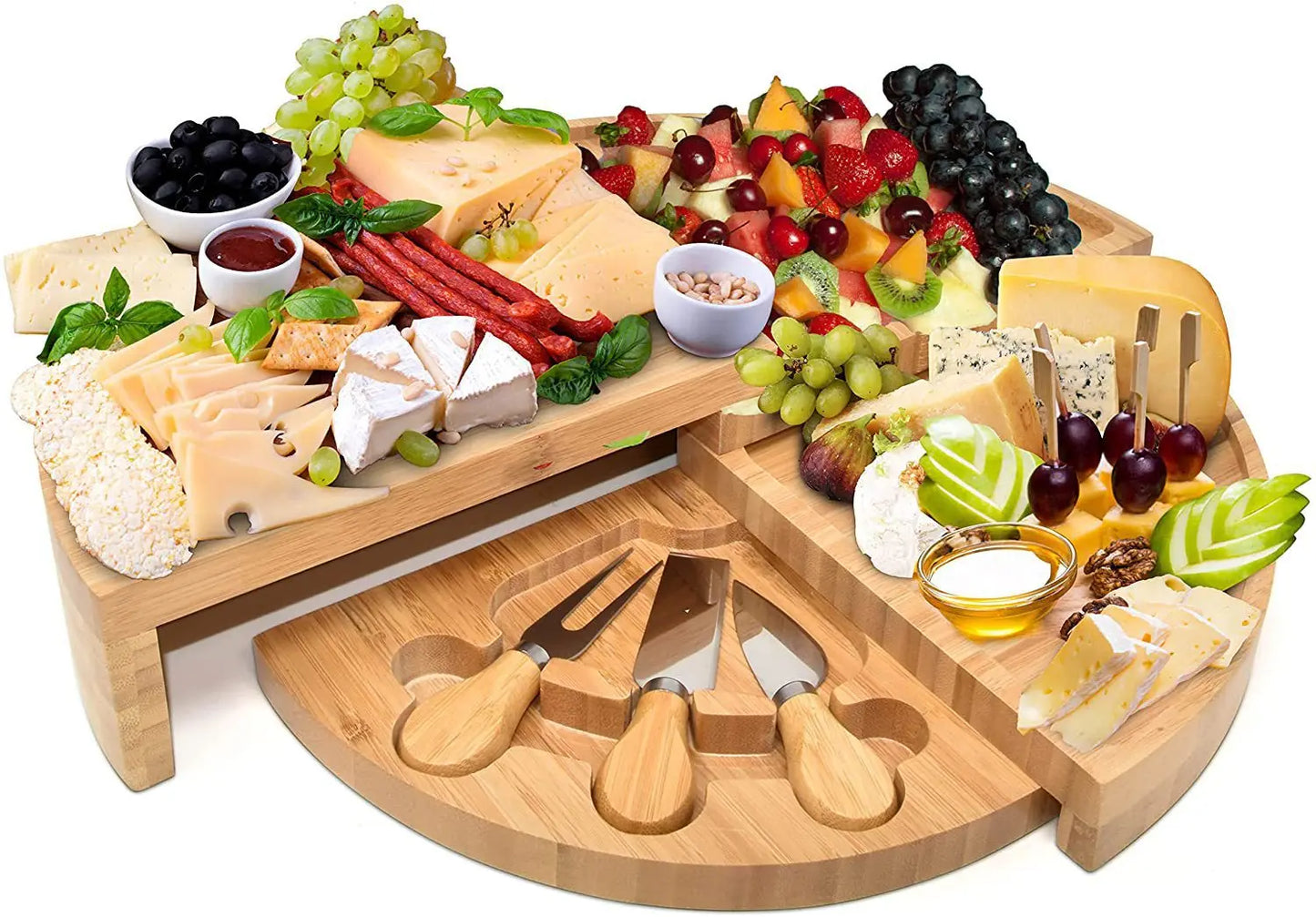 Cheese Board Cutlery Set with Slide-Out Drawer – Slicer, Fork, Scoops and Kitchen Storage Tools