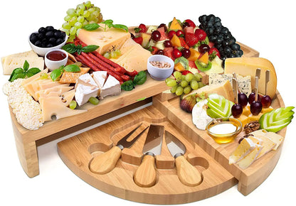 Cheese Board Cutlery Set with Slide-Out Drawer – Slicer, Fork, Scoops and Kitchen Storage Tools