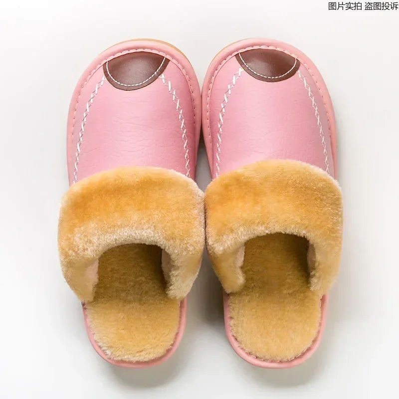 Men & Women Winter PU Leather Slippers — Black Waterproof Indoor Home Shoes, Warm Cozy House Slippers