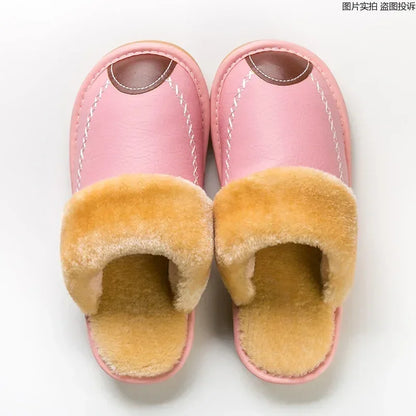 Men & Women Winter PU Leather Slippers — Black Waterproof Indoor Home Shoes, Warm Cozy House Slippers