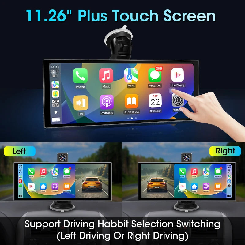 11.26” 4K ADAS Dash Cam Display – Wireless Android Auto & CarPlay Screen DVR with Dual Recording, Night Vision & FM Car System