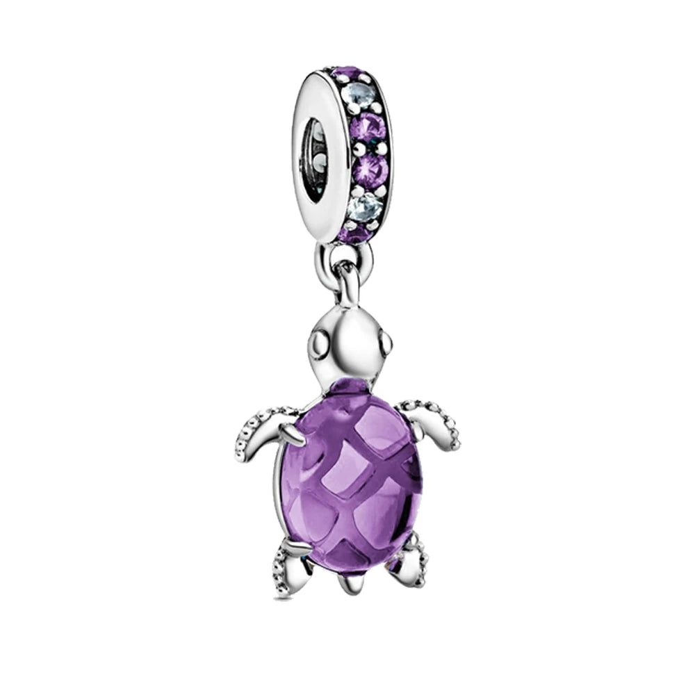 925 Silver Plated Murano Glass Sea Turtle Dangle Charm - Colorful Pink & Blue Jewelry for Women's Bracelet