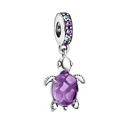 925 Silver Plated Murano Glass Sea Turtle Dangle Charm - Colorful Pink & Blue Jewelry for Women's Bracelet