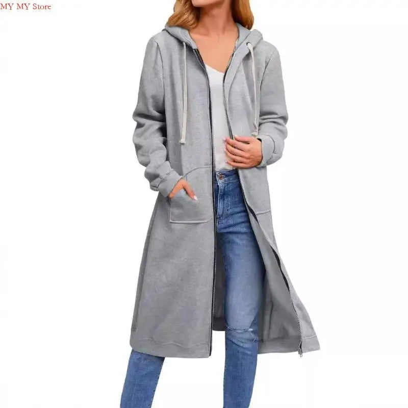 Women's Loose Fit Hooded Coat - Full Zip Long Sleeve Cotton Jacket with Pockets