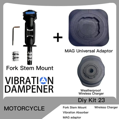 Motorcycle Handlebar Stem Fork Phone Mount — Vibration Dampener with MAG Universal Adapter, Wireless Charger & Mirror Brake Compatible