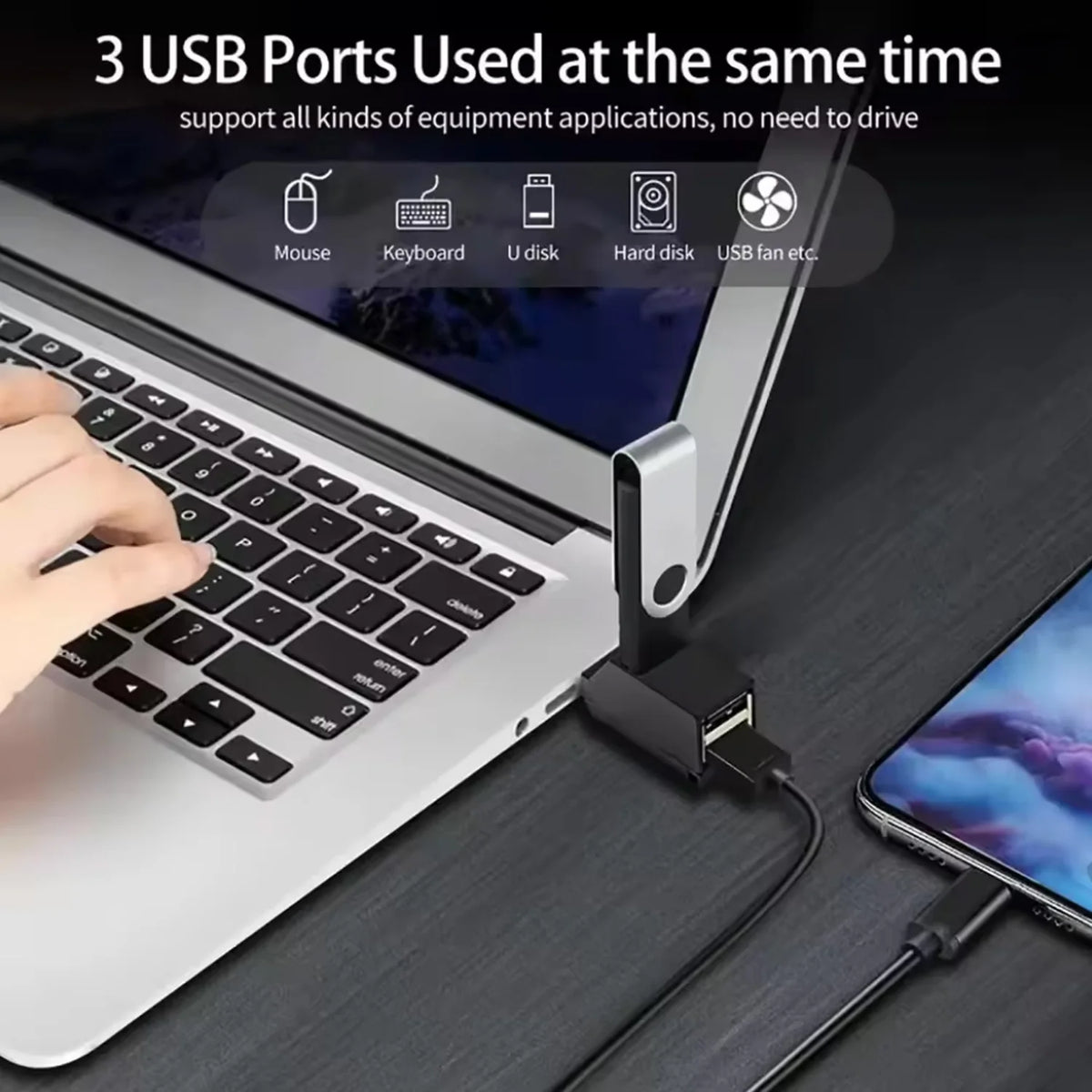 USB 3.0 Hub Adapter - 1-to-3 Port Mini USB Splitter with High-Speed USB 2.0 Support for PC, Laptop & U Disk Readers