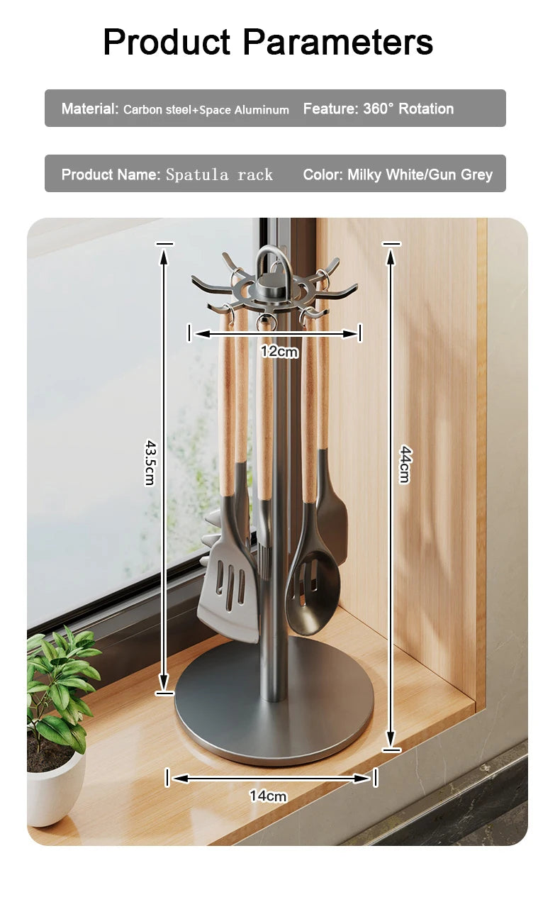 Rotating Kitchen Utensil Stand — 8-Hook Countertop Organizer for Cooking Tools