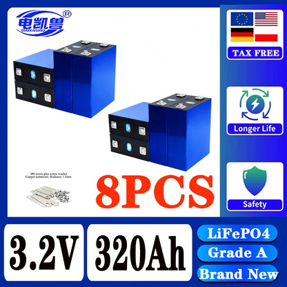 320Ah LiFePO4 3.2V Rechargeable Battery — 8000 Cycles for DIY 12V/24V/48V Caravan, Marine & Solar Energy Systems