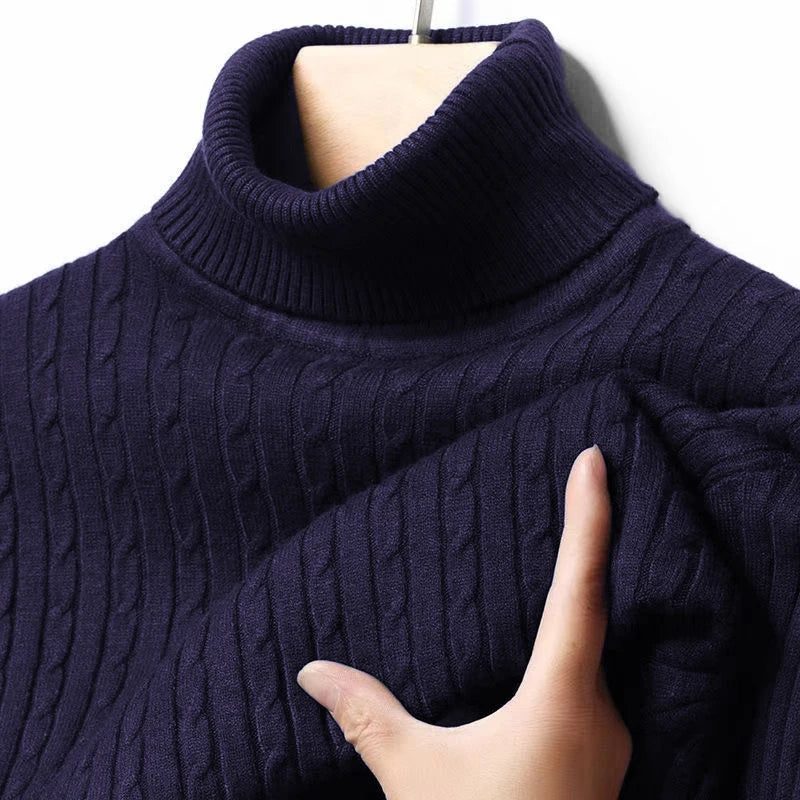 Men's Autumn Ribbed Turtleneck Sweater - Warm Fitted Jacquard Striped Knitted Long Sleeve Pullover Top