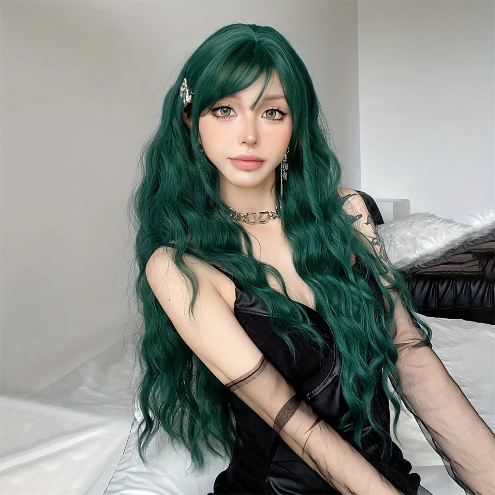 Light Green Long Wavy Synthetic Wig with Bangs – Blackish Green Cosplay & Lolita Style, Heat-Resistant for Women