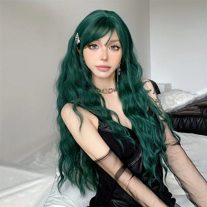 Light Green Long Wavy Synthetic Wig with Bangs – Blackish Green Cosplay & Lolita Style, Heat-Resistant for Women
