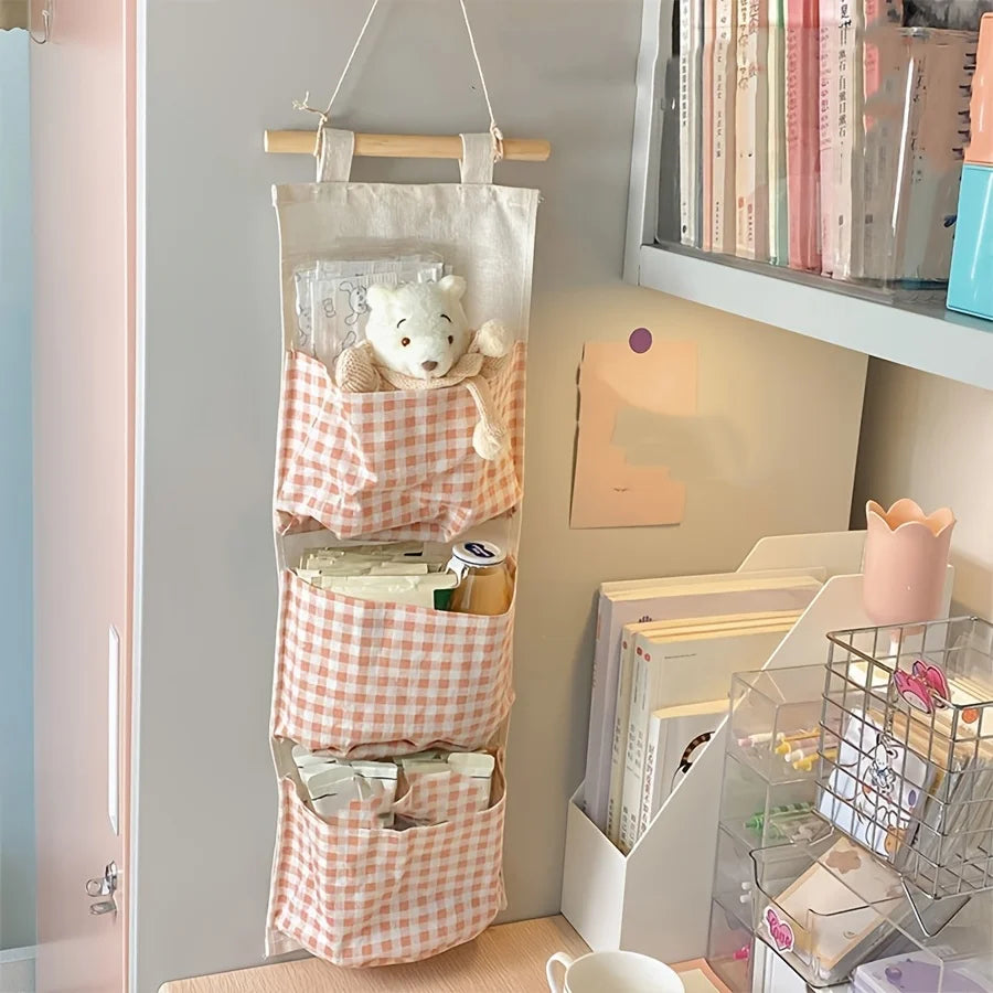 Pink Wall Storage Bag Rack - Canvas Hanging Organizer for Books, Jewelry & Bedroom Accessories