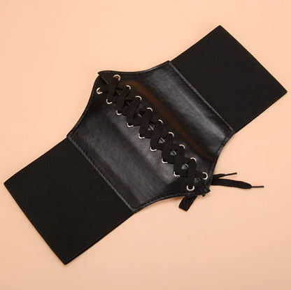 Women’s Punk Black PU Leather Corset Belt – Wide Elastic High-Waist Body Belt for Dress & Slimming