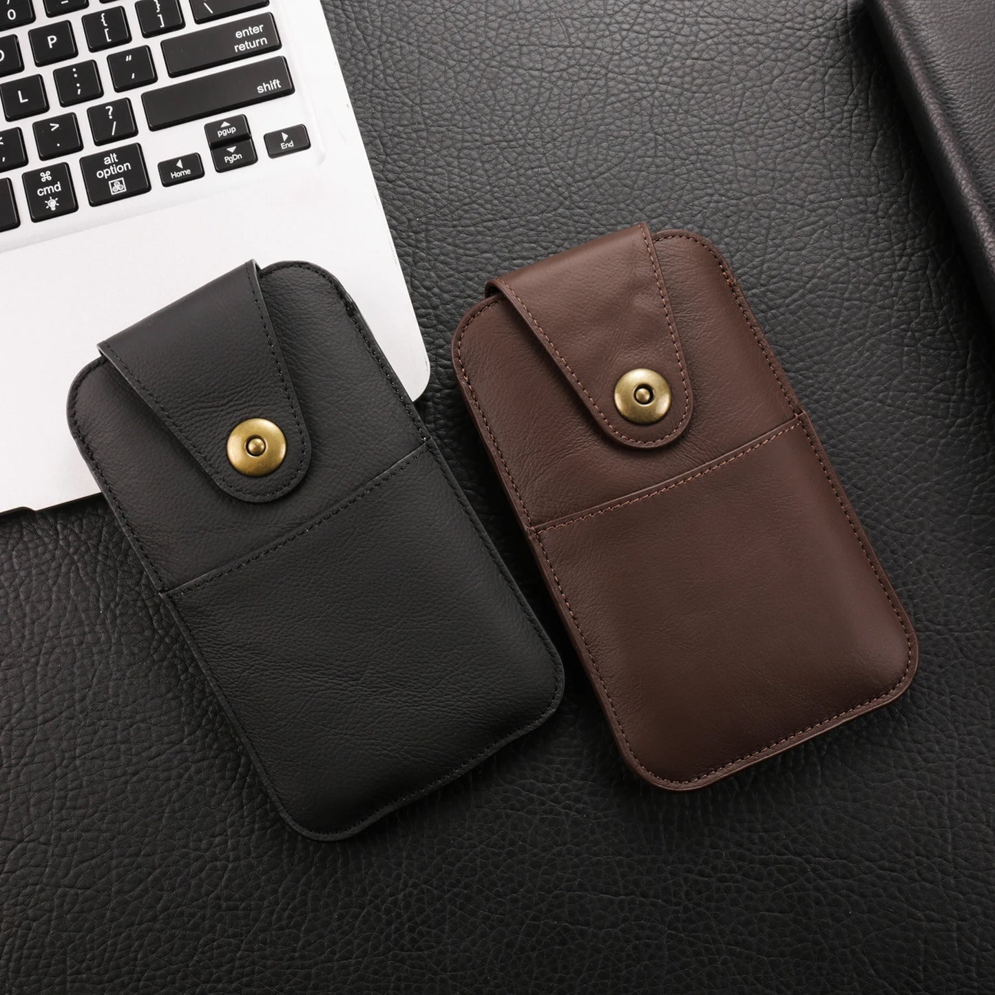 Genuine Cow Leather Phone Pouch – Men’s Waist Bag Holster for iPhone 7 to 16 Pro Max
